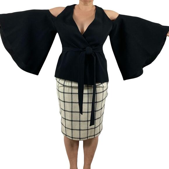 ALEXIS Blazer Jacket Kimono XL Black Wrap Tie Cut-Out Bell-Long-sleeve Lined - Picture 1 of 16